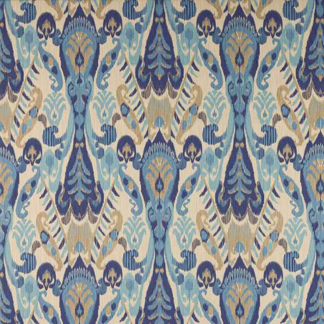 Large damask-style linen swatch in indigo, aqua, cream and tan
