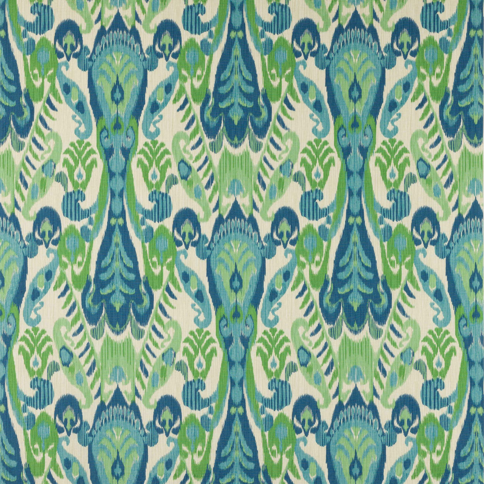 Blue-green and cream damask linen fabric swatch with large mirrored motif