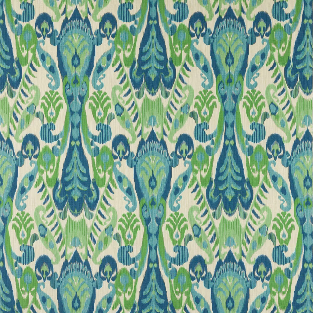 Blue-green and cream damask linen fabric swatch with large mirrored motif