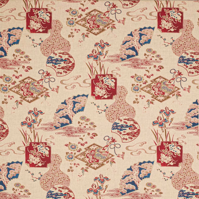 Patterned linen swatch in cream, carmine red, blue and blush chinoiserie motifs