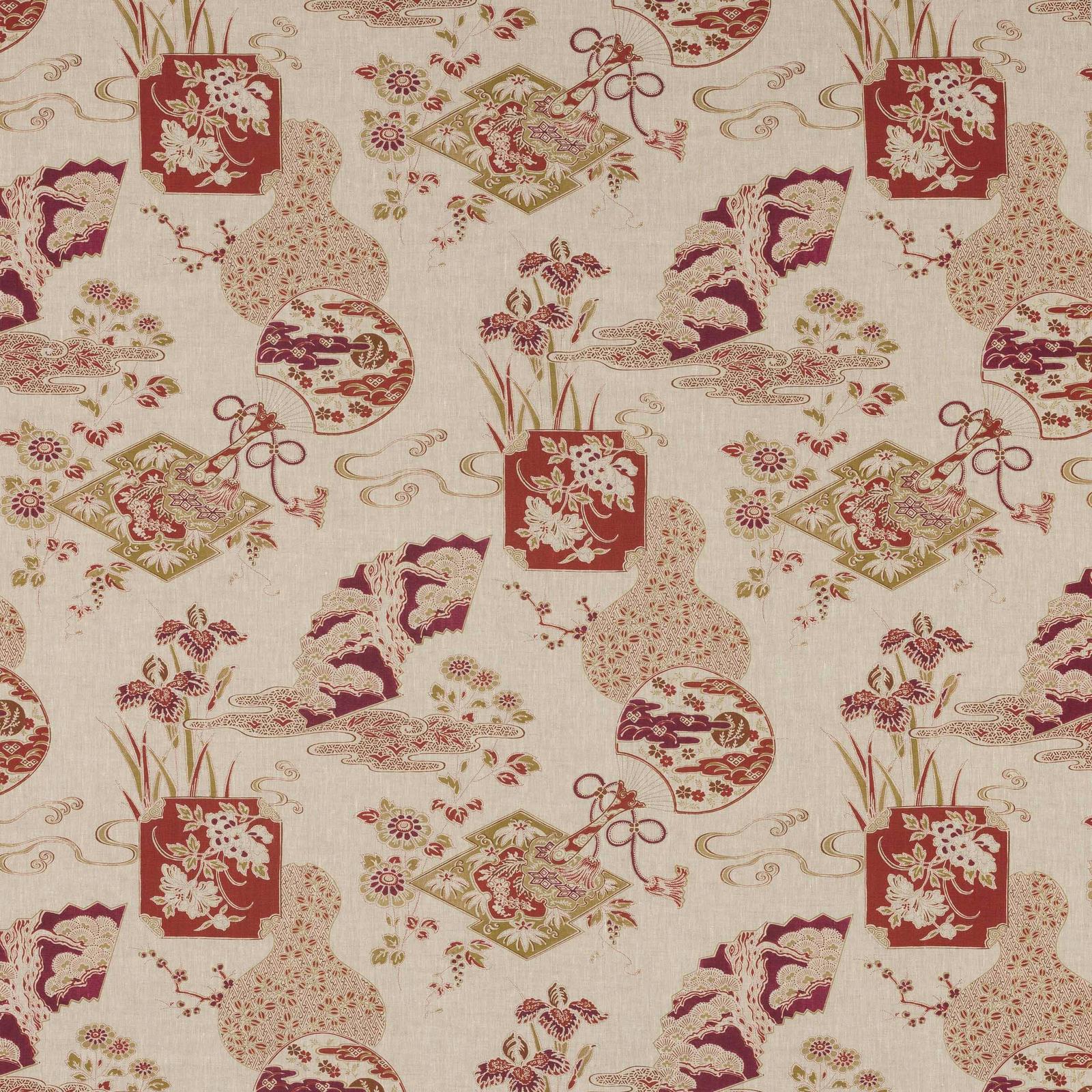 Printed linen fabric with terracotta-red, plum and gold scattered motifs on ivory ground