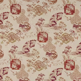 Printed linen fabric with terracotta-red, plum and gold scattered motifs on ivory ground