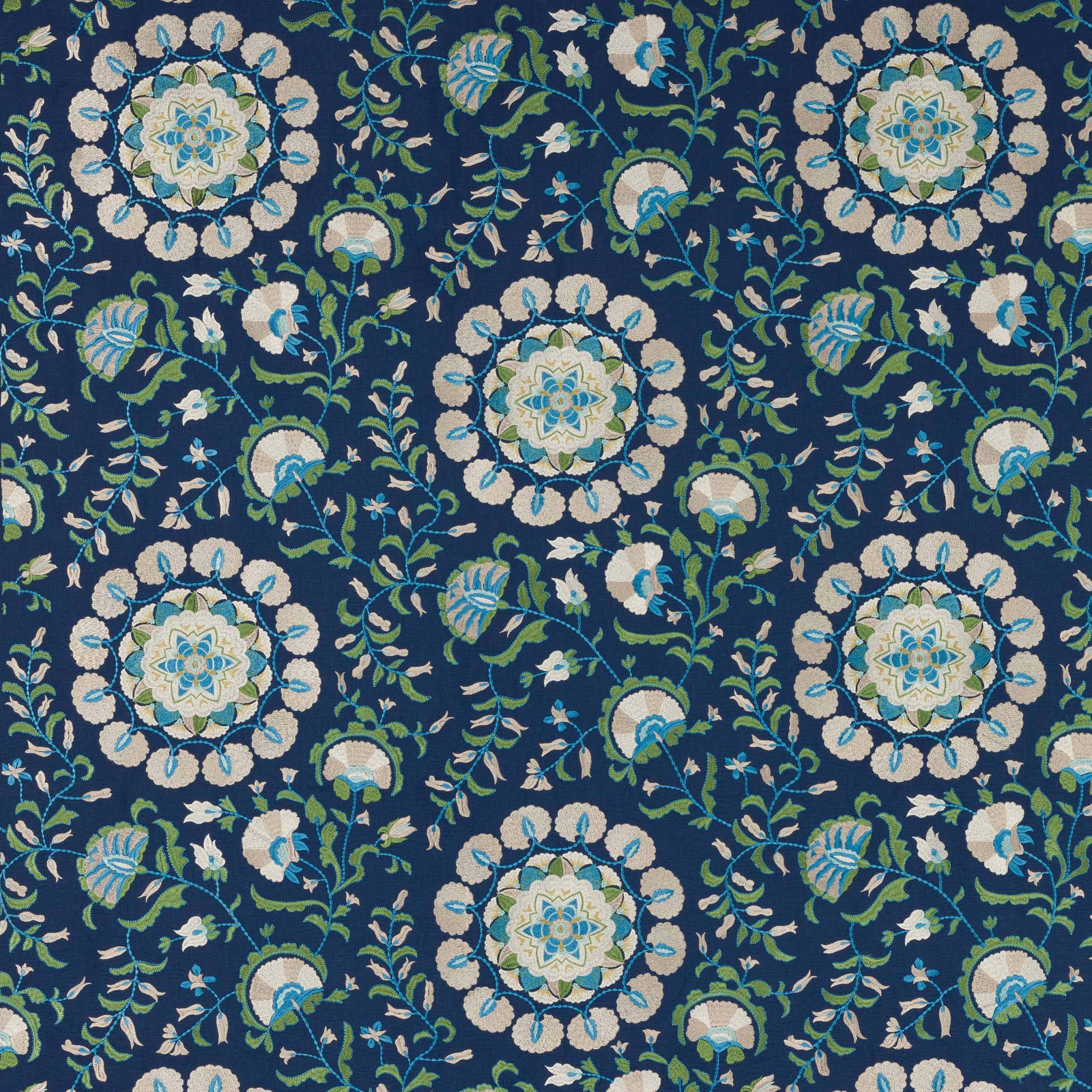 Navy patterned fabric with cream, aqua and green floral medallions