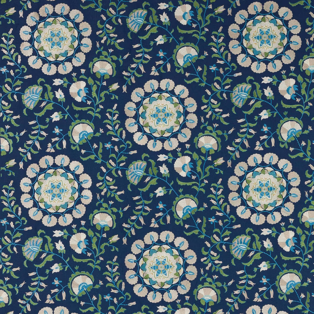 Navy patterned fabric with cream, aqua and green floral medallions
