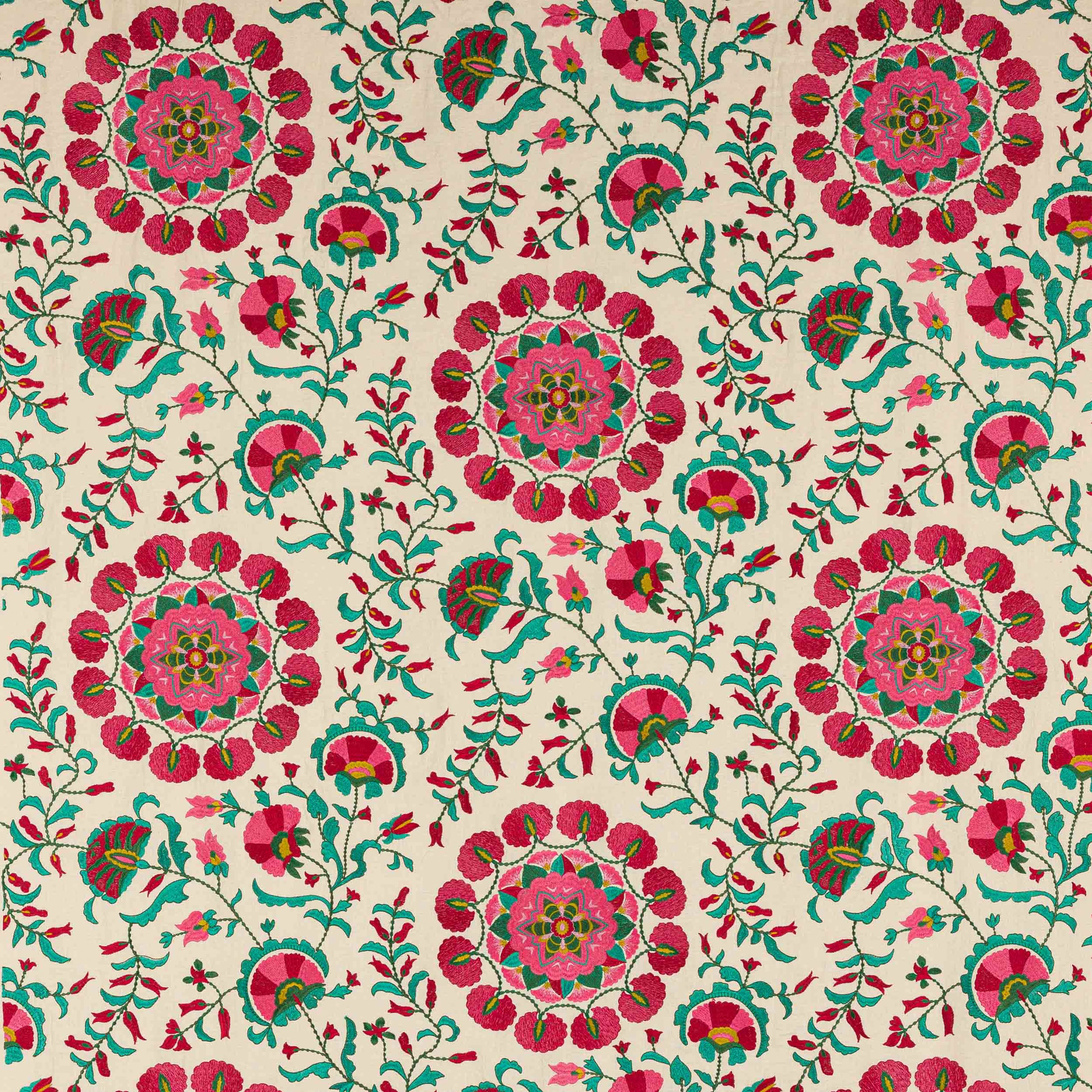 Decorative floral damask fabric with terracotta pink, coral and teal on an ivory ground