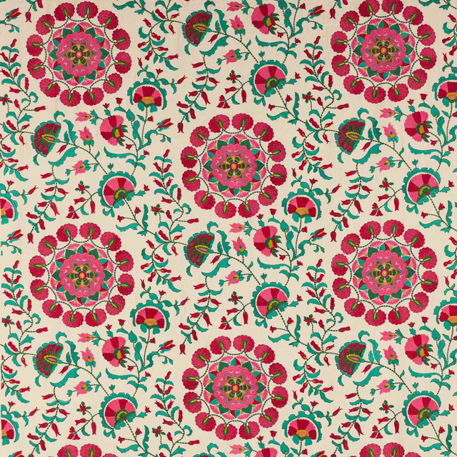 Decorative floral damask fabric with terracotta pink, coral and teal on an ivory ground