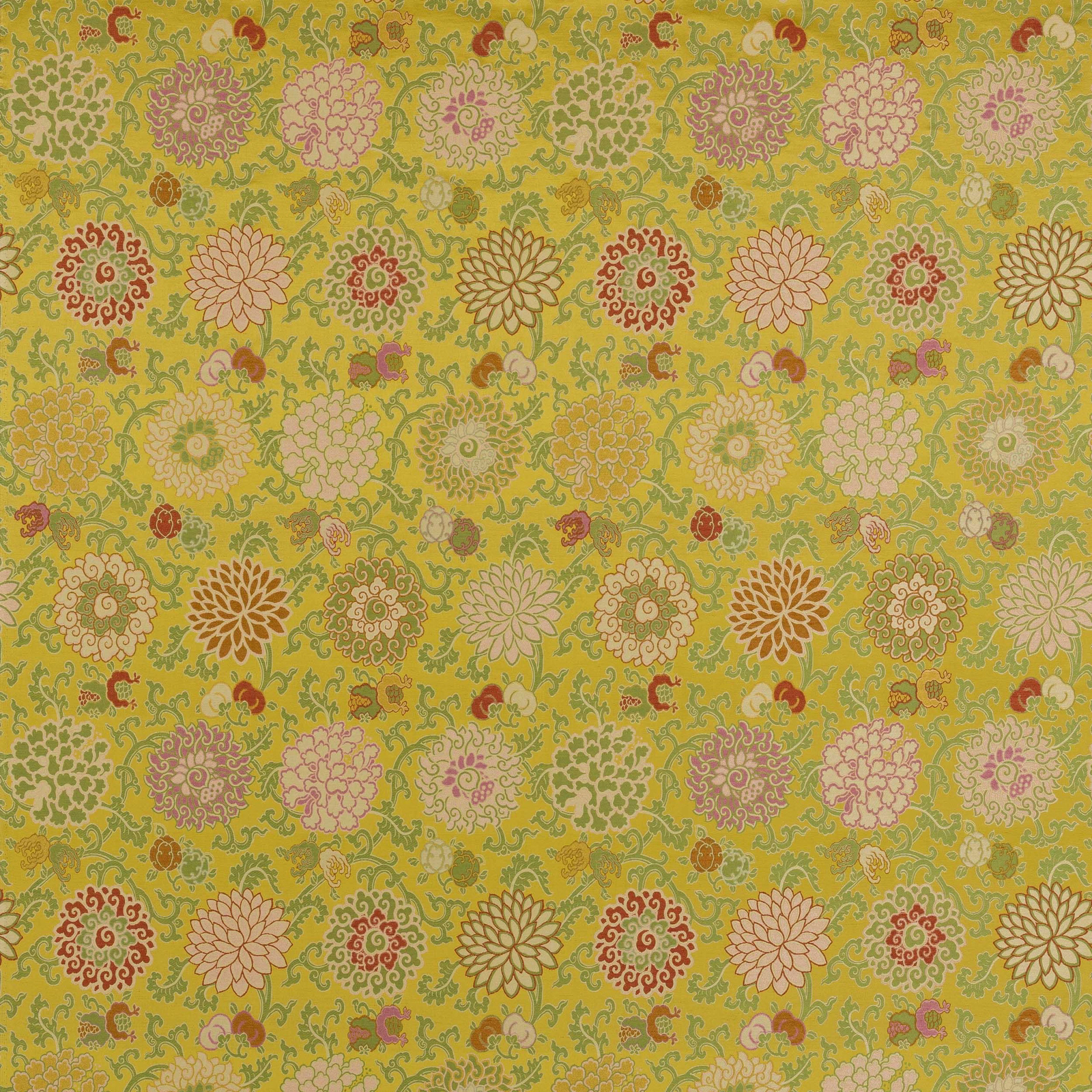 Lively floral fabric swatch on a moss-yellow ground with cream, pink and terracotta motifs