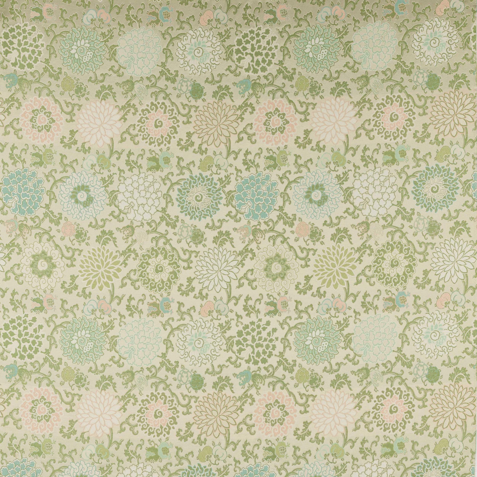 Sage green and pearl floral patterned fabric with pale aqua and blush details
