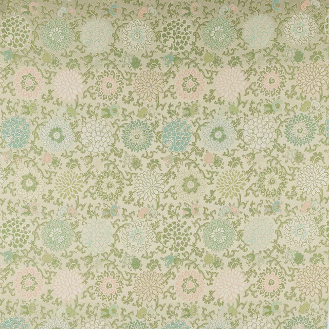 Sage green and pearl floral patterned fabric with pale aqua and blush details