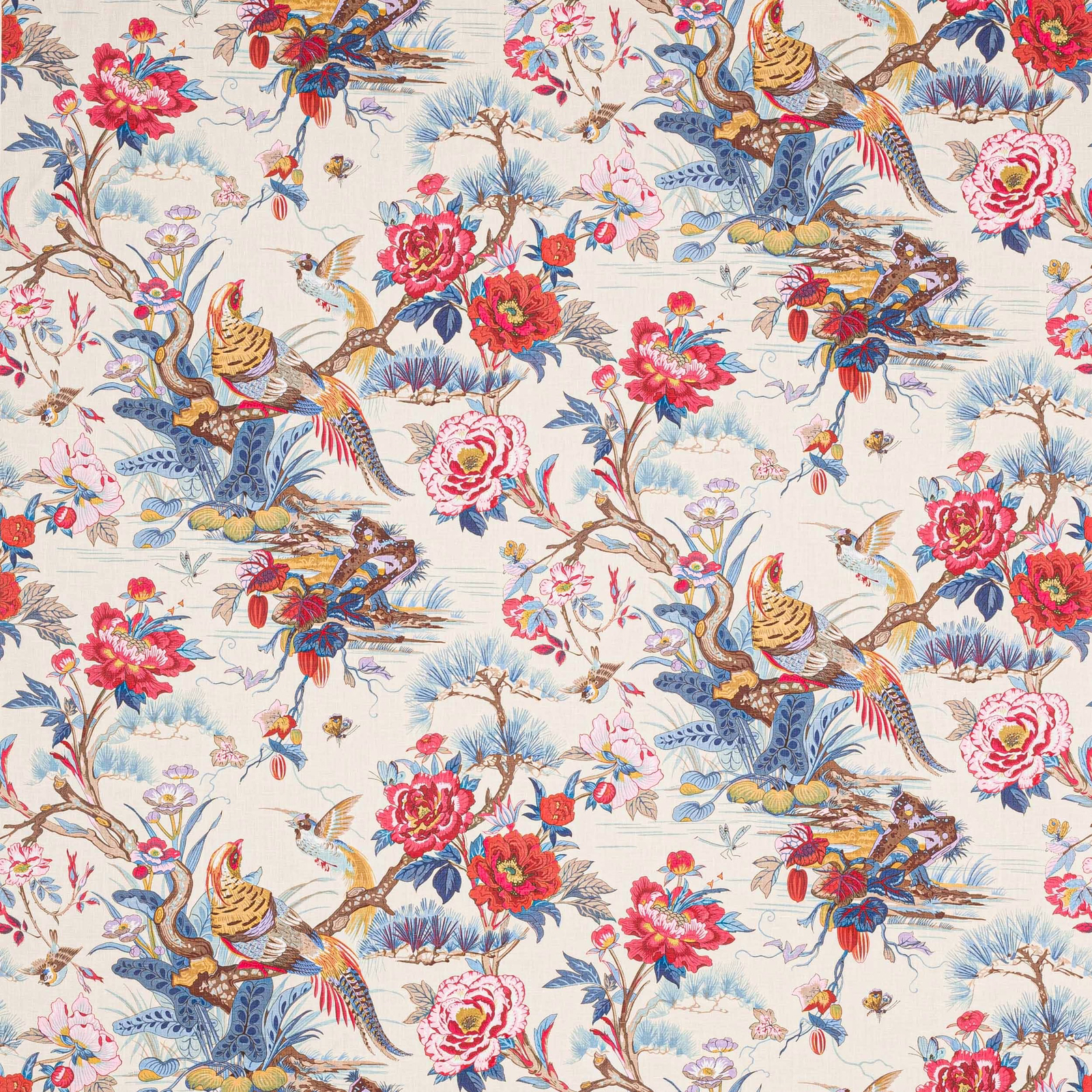 Pale blue linen fabric with large floral birds and branch print