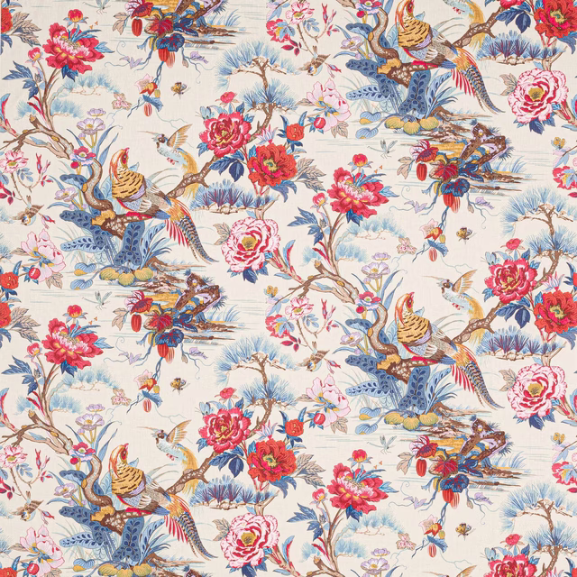 Pale blue linen fabric with large floral birds and branch print