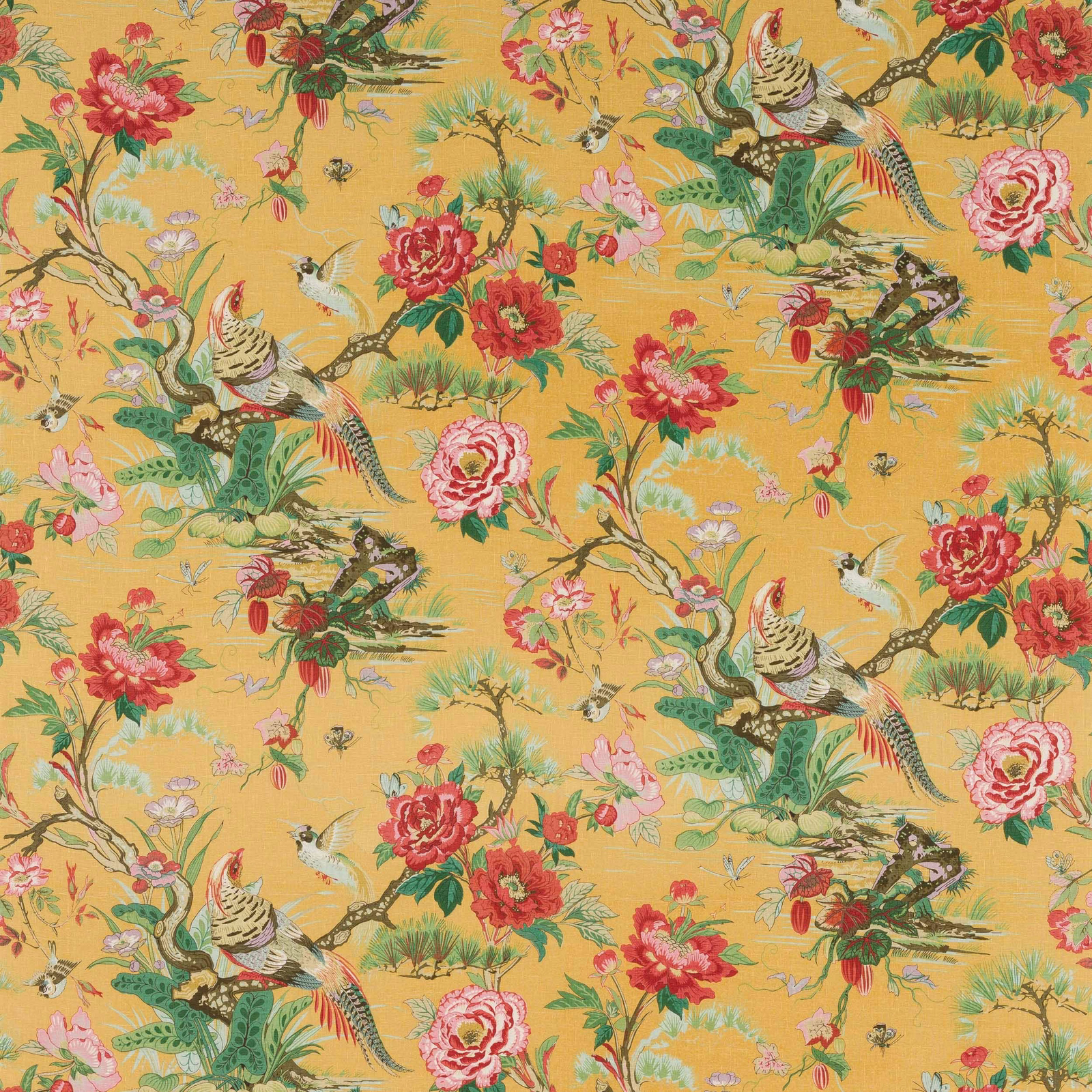 Yellow-gold printed linen with birds, branches and red-pink floral motifs