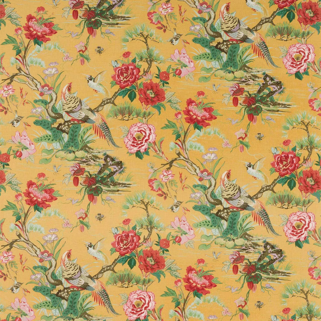 Yellow-gold printed linen with birds, branches and red-pink floral motifs
