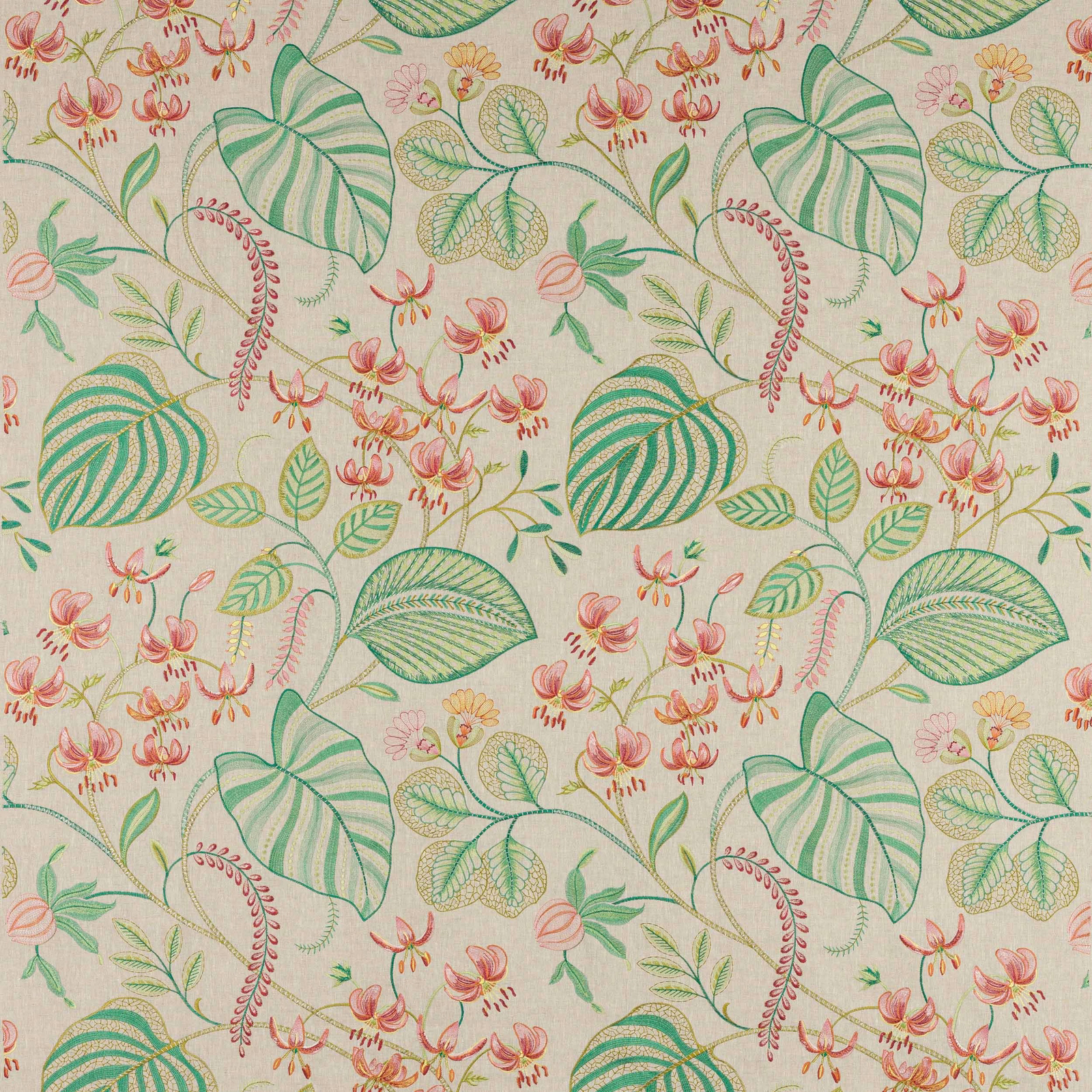 Large-scale botanical fabric with coral flowers, mint leaves and green striped foliage on a pale ground