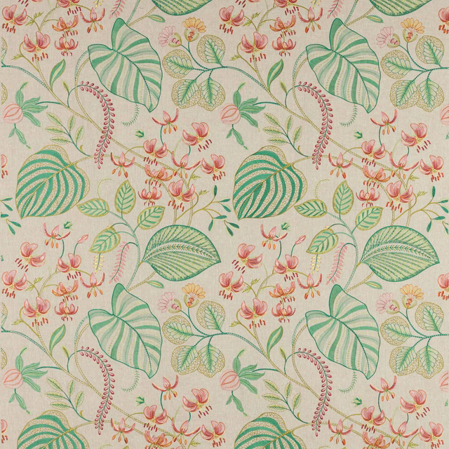 Large-scale botanical fabric with coral flowers, mint leaves and green striped foliage on a pale ground