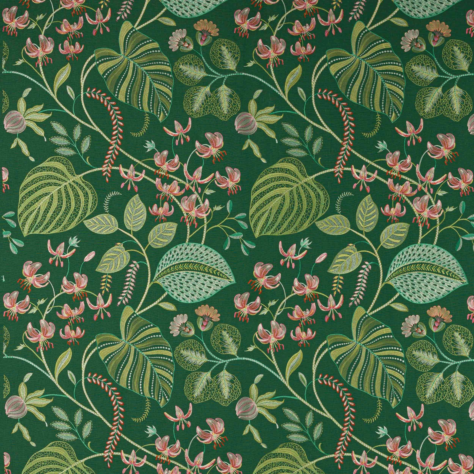 Emerald green botanical fabric with pink trailing flowers and layered leaves