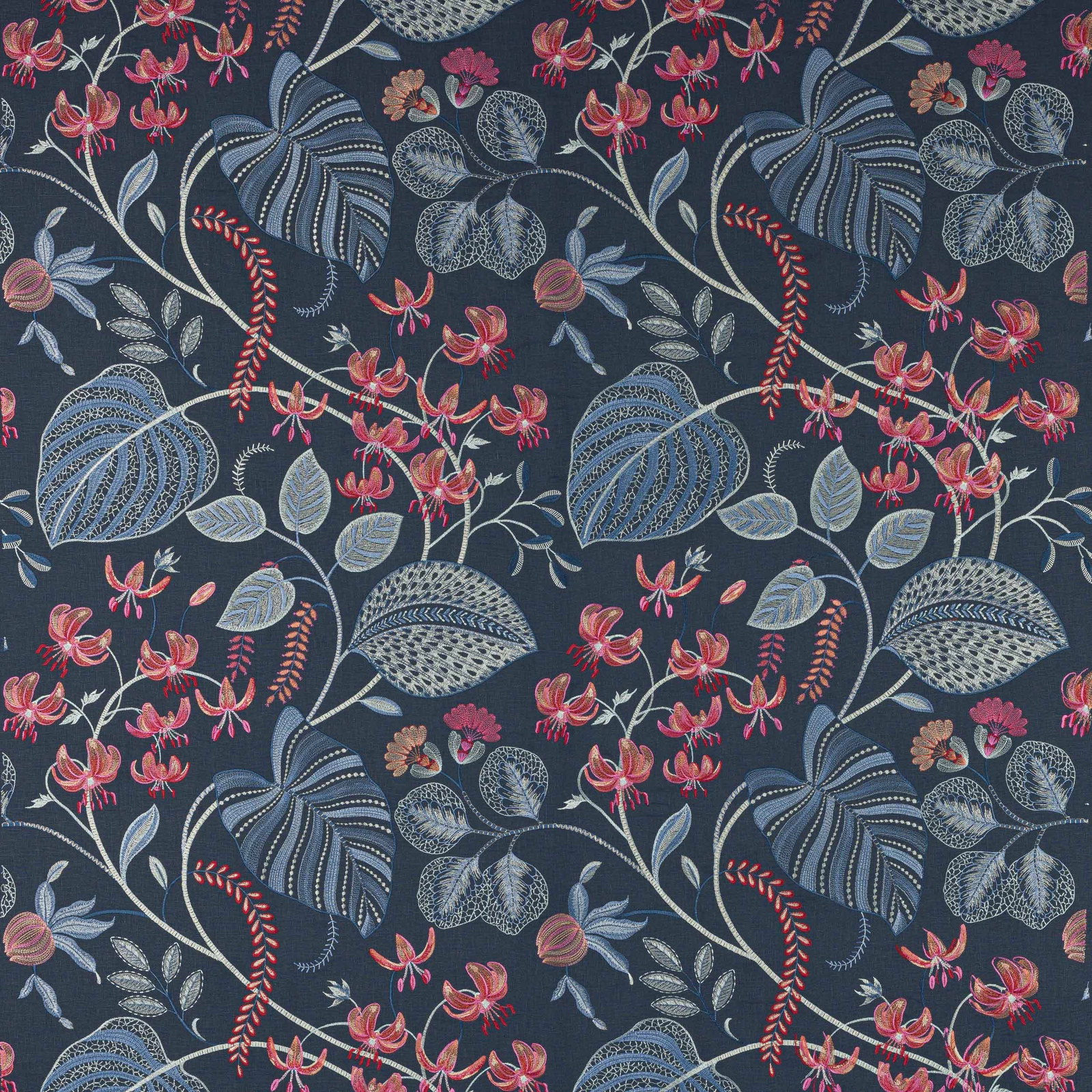 Dark navy floral fabric with trailing pink blossoms and pale blue leaves