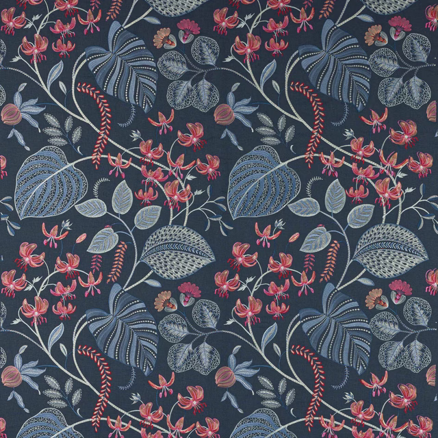 Dark navy floral fabric with trailing pink blossoms and pale blue leaves