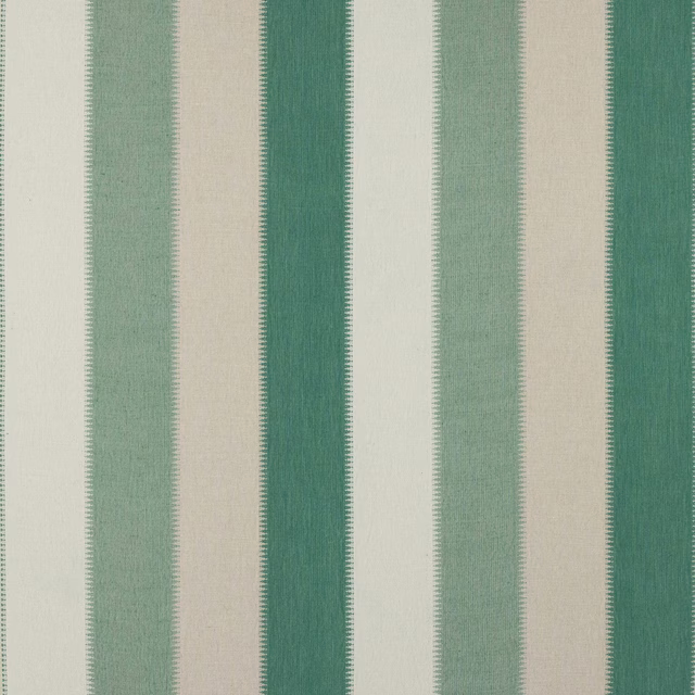 Vertical celadon, mint and ivory striped woven fabric swatch