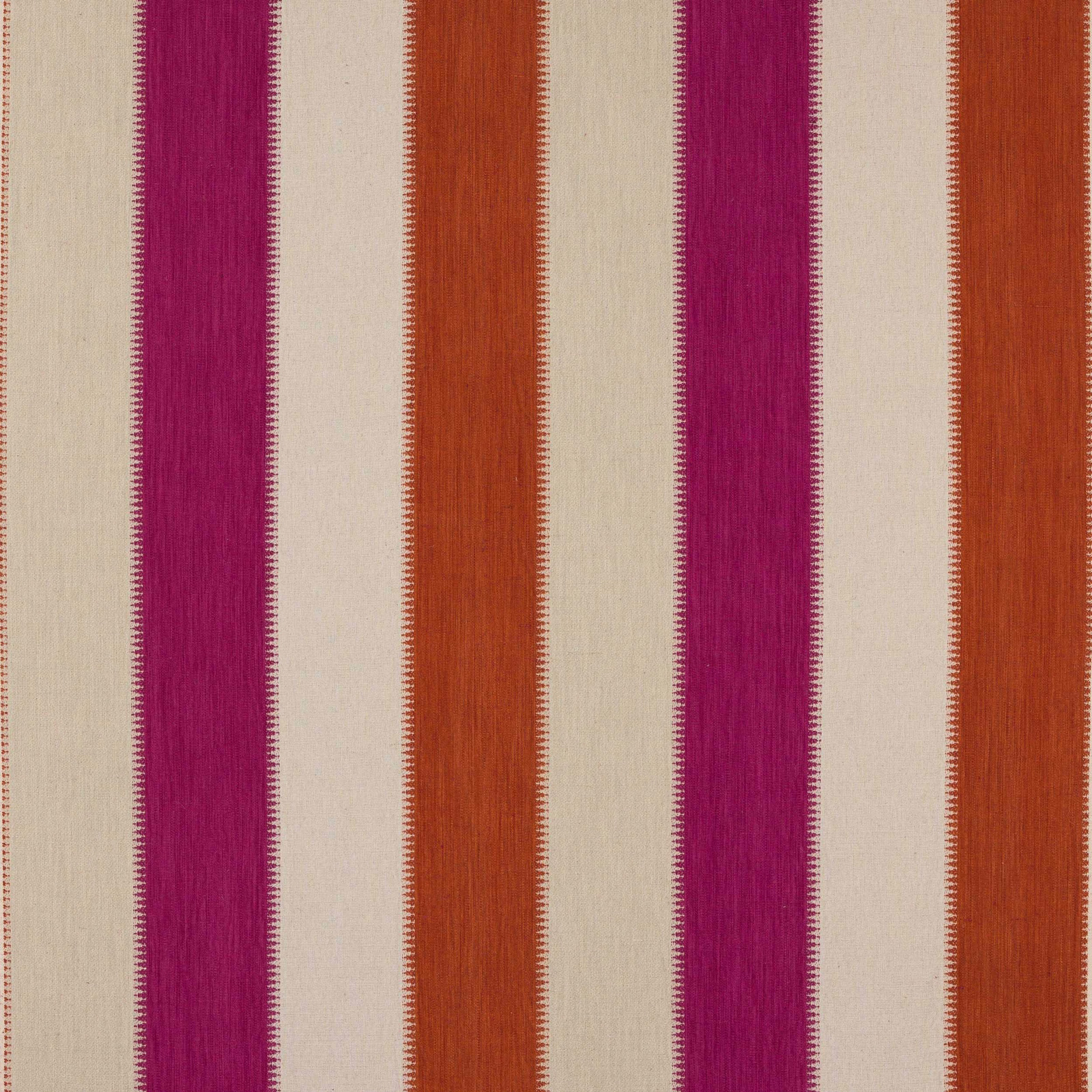 Striped fabric swatch with ivory ground, magenta bands and rust orange stripes