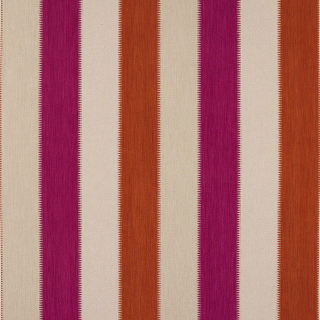 Striped fabric swatch with ivory ground, magenta bands and rust orange stripes