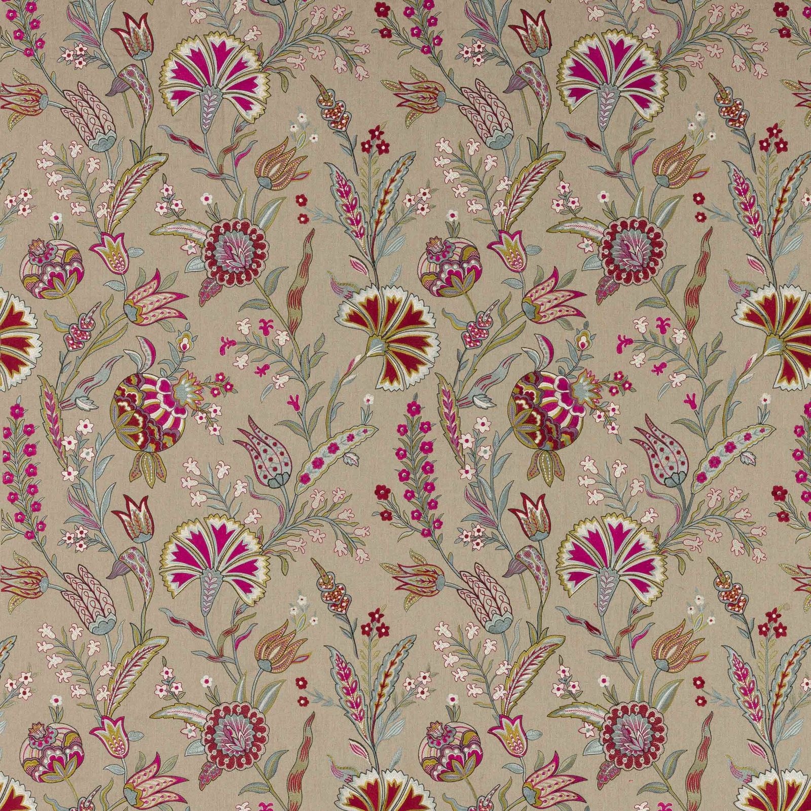 Beige floral fabric swatch with pink, red and green embroidered-style motifs