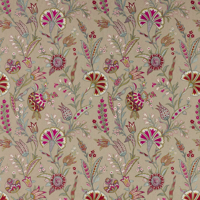 Beige floral fabric swatch with pink, red and green embroidered-style motifs