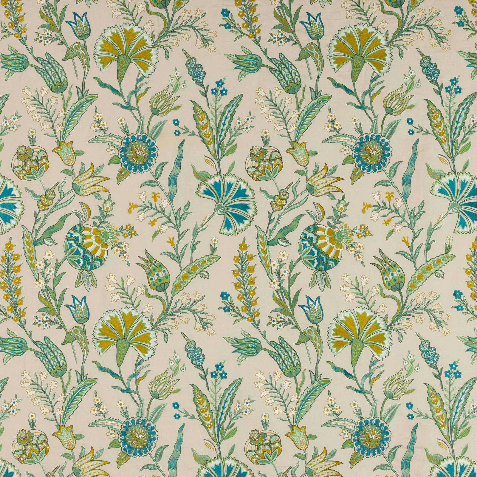 Cream botanical fabric swatch with aqua, teal, sage and yellow floral motifs