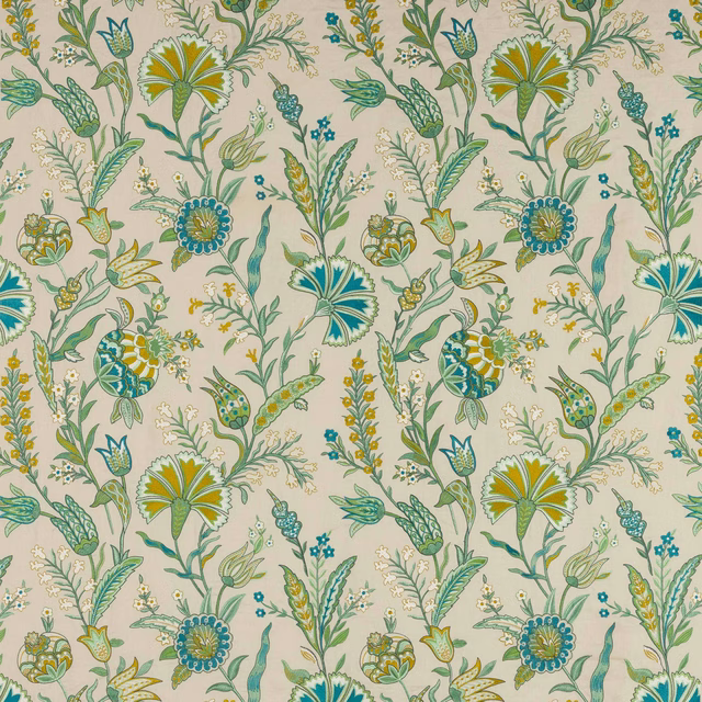 Cream botanical fabric swatch with aqua, teal, sage and yellow floral motifs