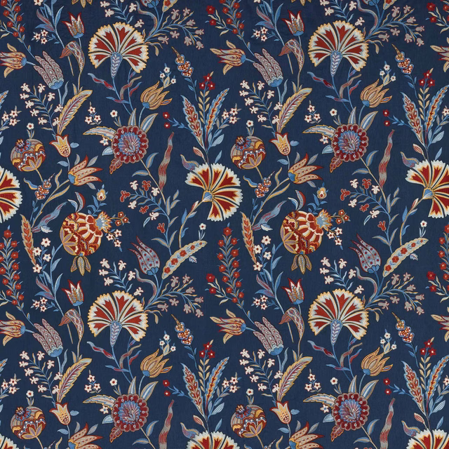 Navy floral fabric swatch with terracotta, cream and blue botanical motifs