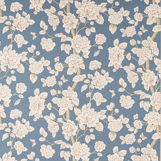 Dusty blue linen fabric with cream floral branches and blossoms