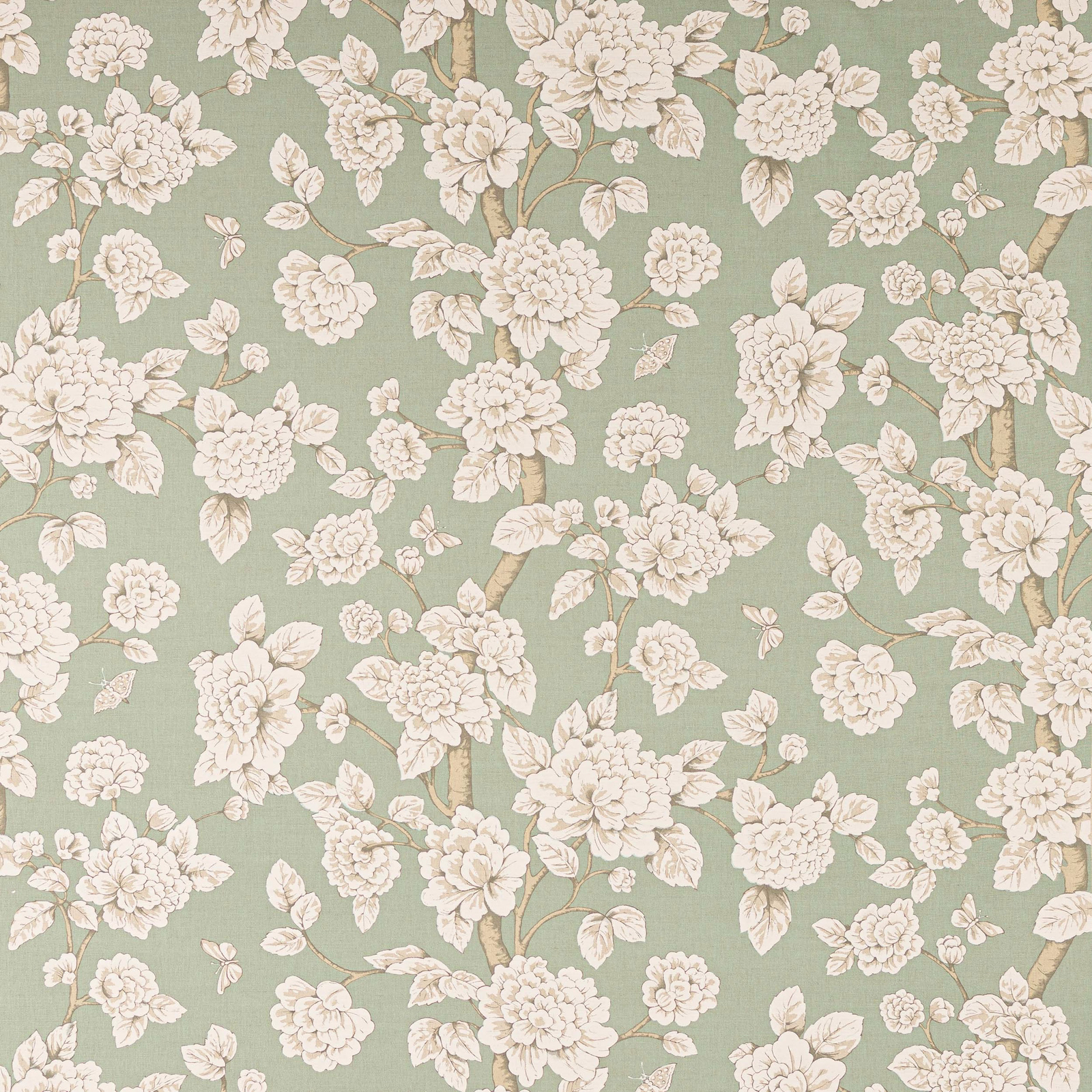 Soft celadon linen fabric with ivory floral blossoms and leafy branches