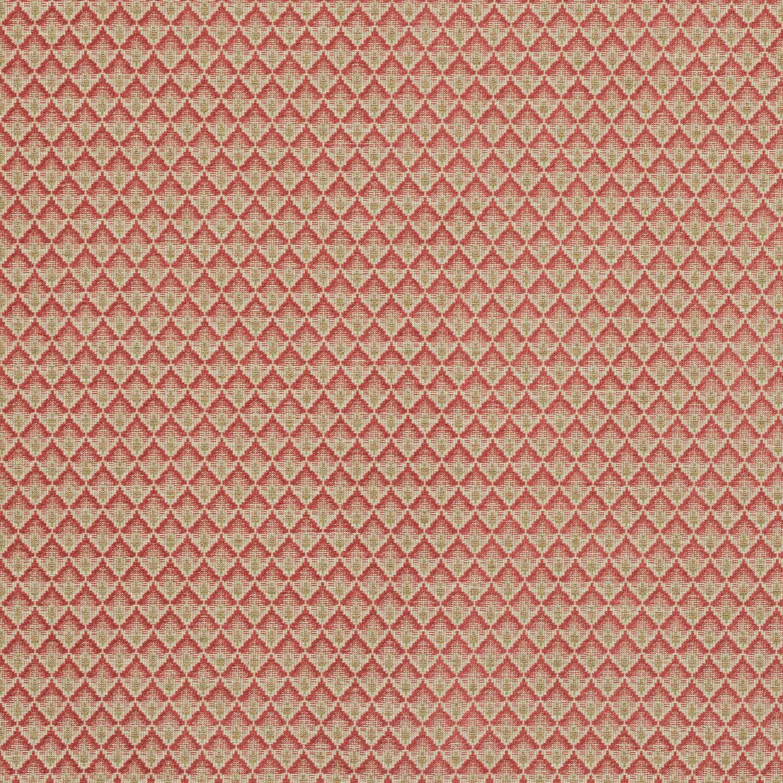 Close-up of coral red geometric woven fabric with pale beige ground