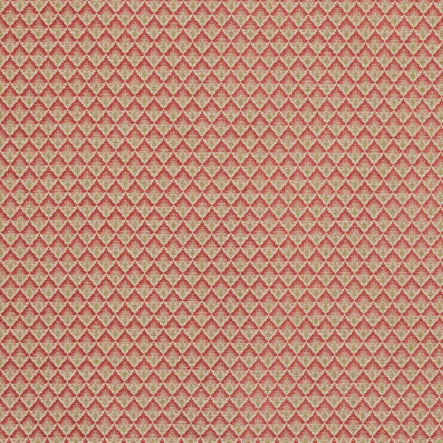 Close-up of coral red geometric woven fabric with pale beige ground