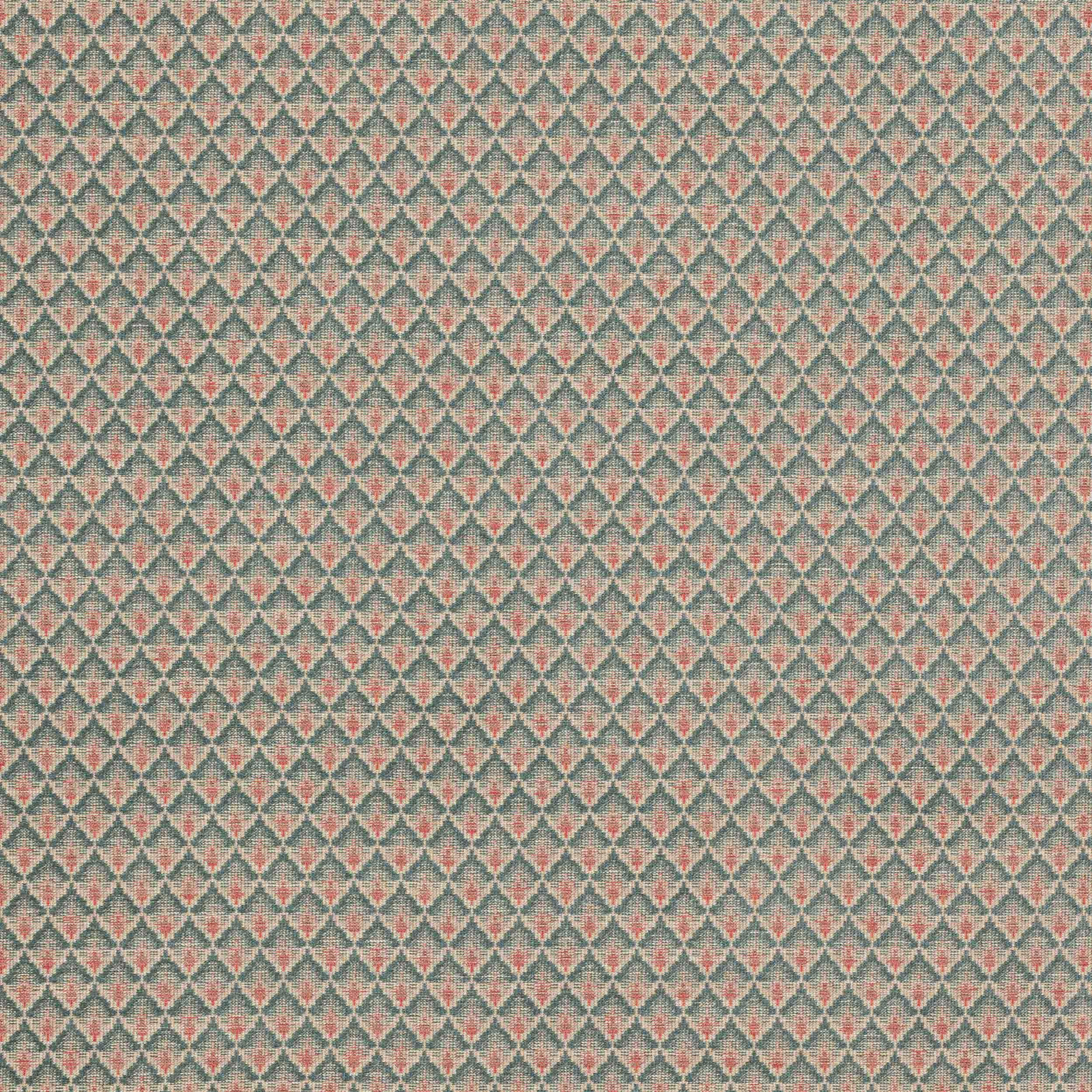 Small geometric fabric swatch with teal diamonds and tomato-red accents on a pale ground