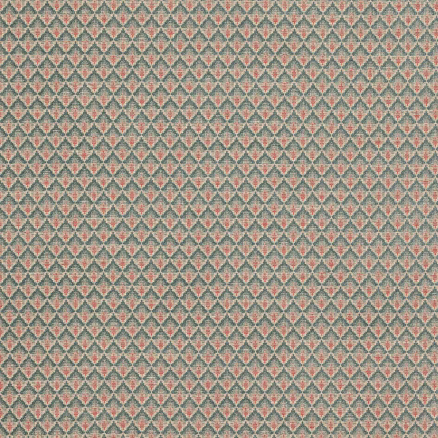 Small geometric fabric swatch with teal diamonds and tomato-red accents on a pale ground