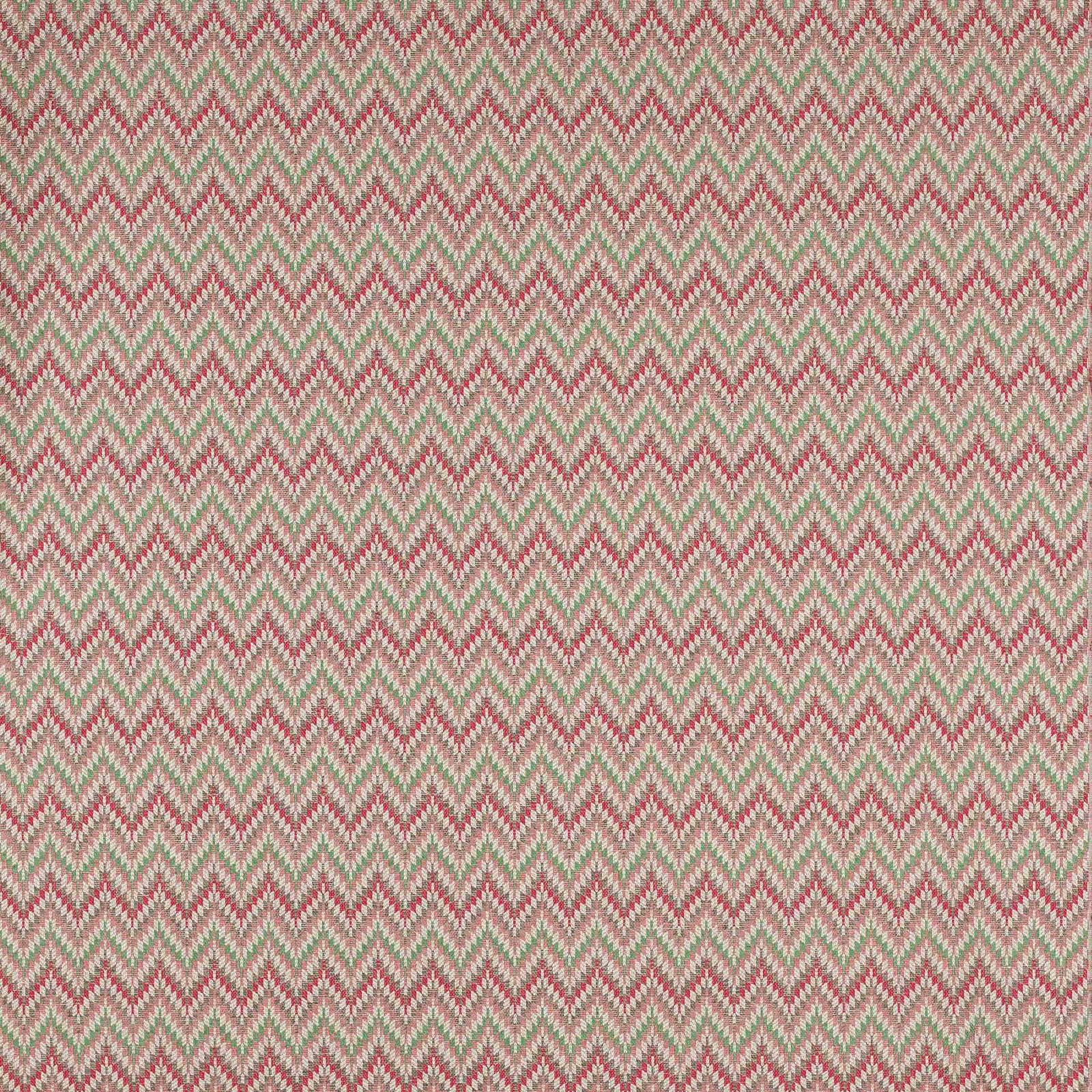 Muted red and sage zigzag woven fabric with small chevron repeat