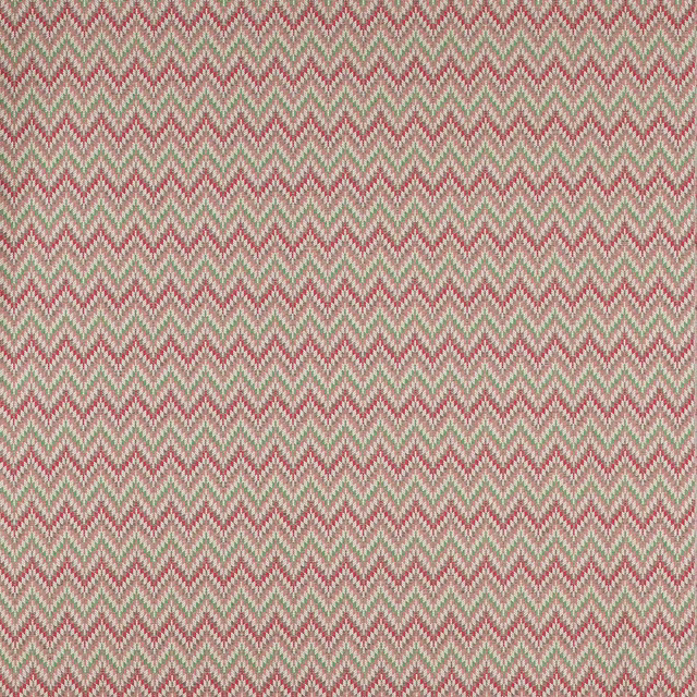 Muted red and sage zigzag woven fabric with small chevron repeat