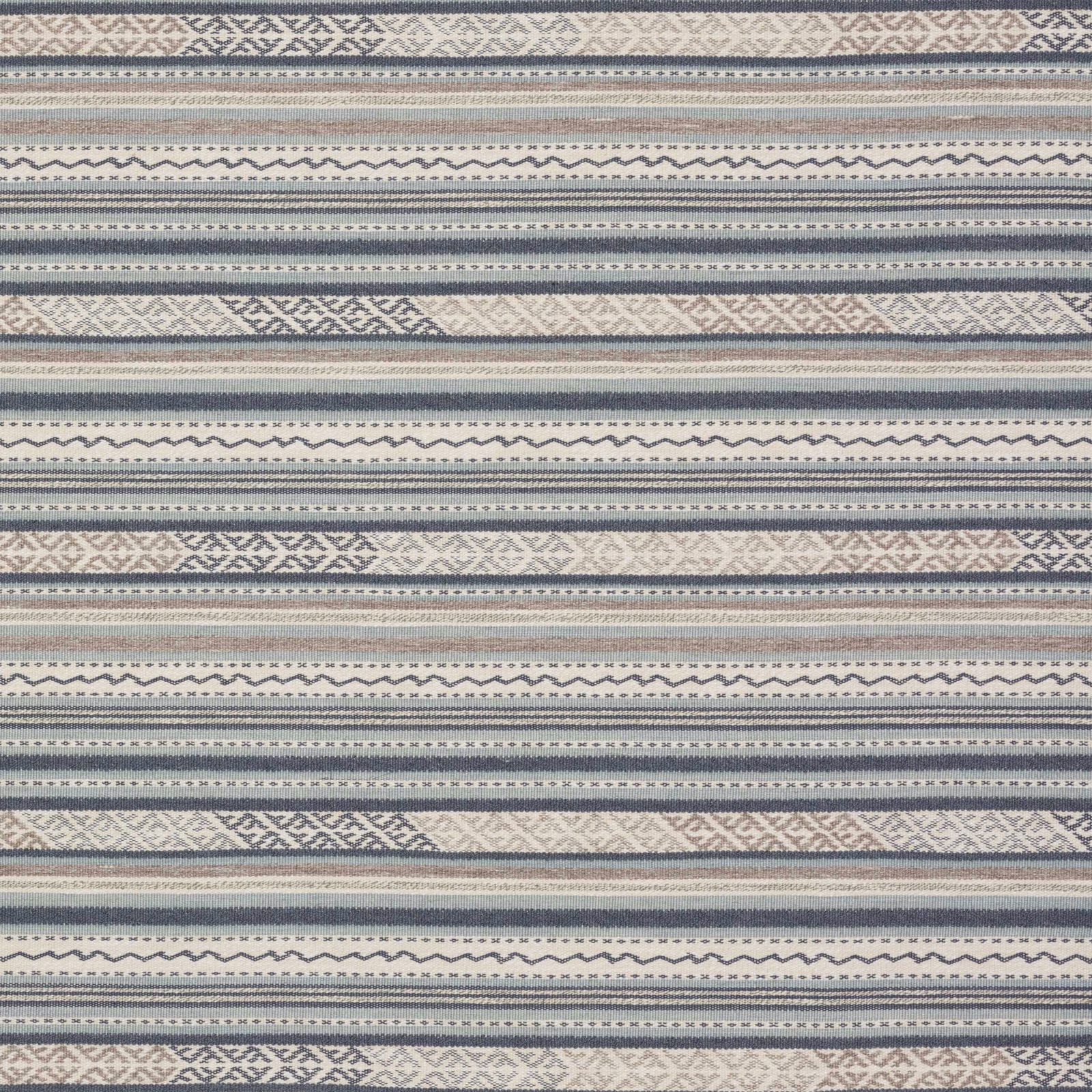 Muted blue and cream striped woven fabric with small geometric bands and zig-zag motifs