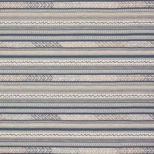 Muted blue and cream striped woven fabric with small geometric bands and zig-zag motifs