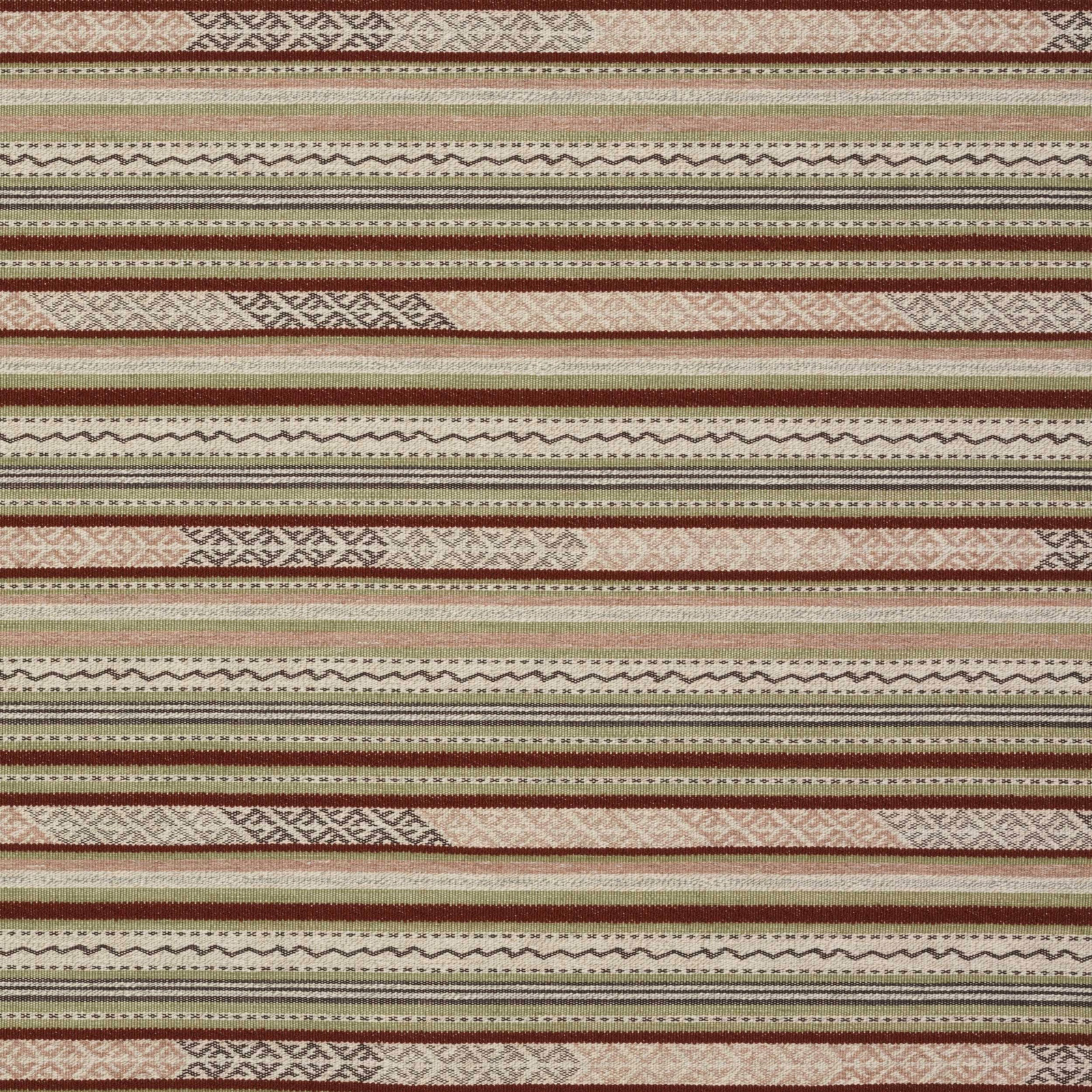 Striped woven fabric with muted red, olive and cream bands and geometric accents