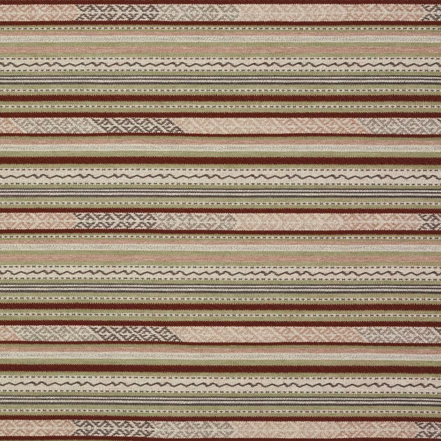 Striped woven fabric with muted red, olive and cream bands and geometric accents