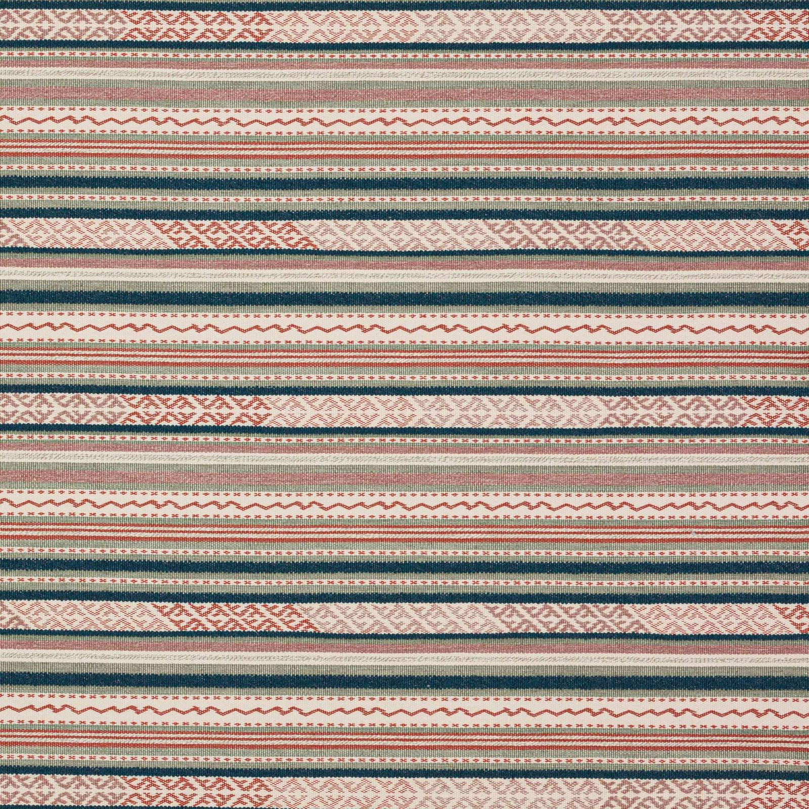 Striped woven fabric in tomato red, teal, cream and muted green bands
