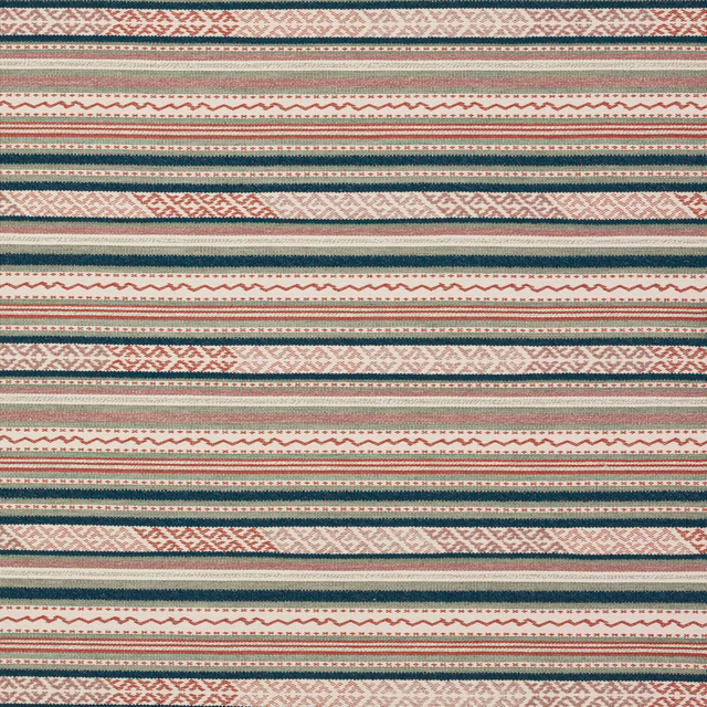 Striped woven fabric in tomato red, teal, cream and muted green bands