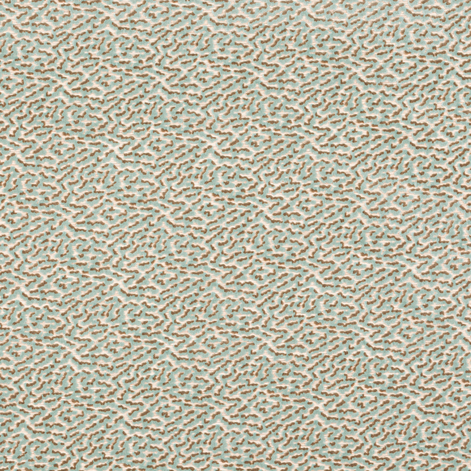 Pale aqua patterned fabric with small tan irregular spots and a soft textured weave