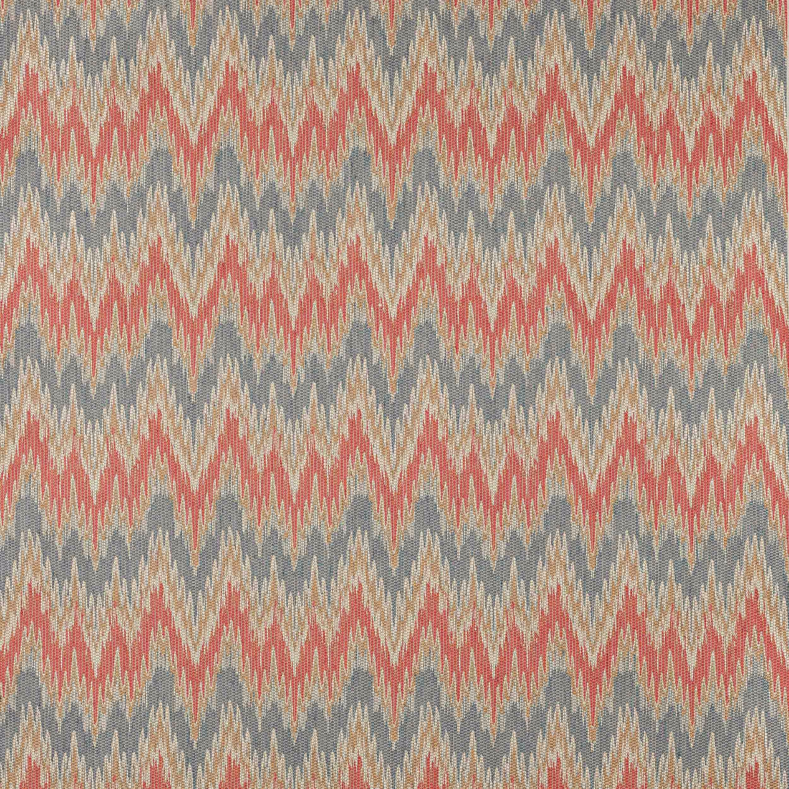 Tomato red and slate zigzag woven fabric with a textured ivory ground