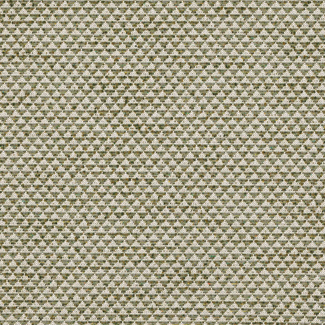 Close-up of a small geometric weave in muted olive green on a pale ground