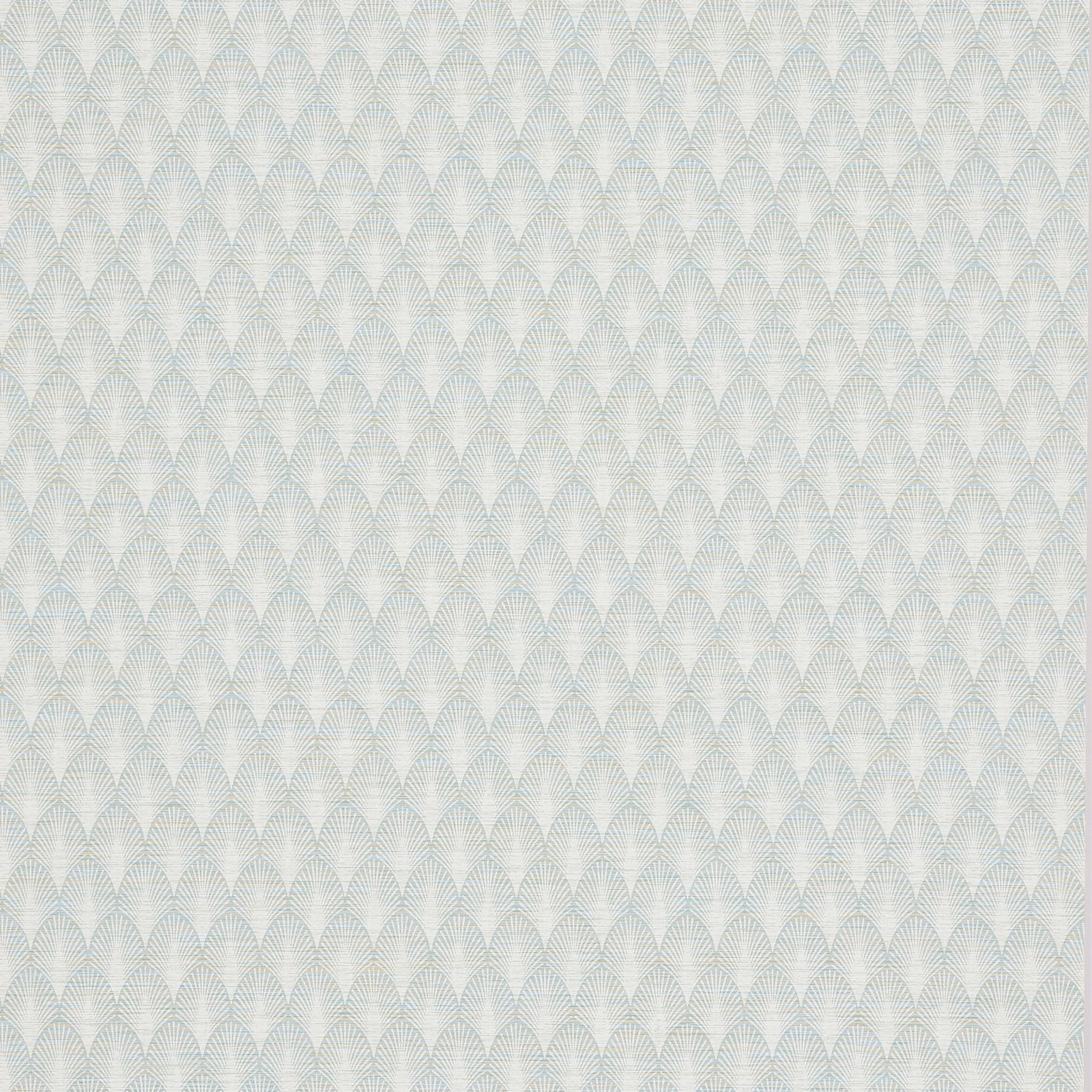 Pale aqua wallpaper with repeating fan motifs and fine etched texture