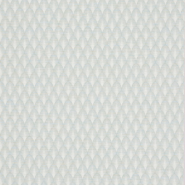 Pale aqua wallpaper with repeating fan motifs and fine etched texture