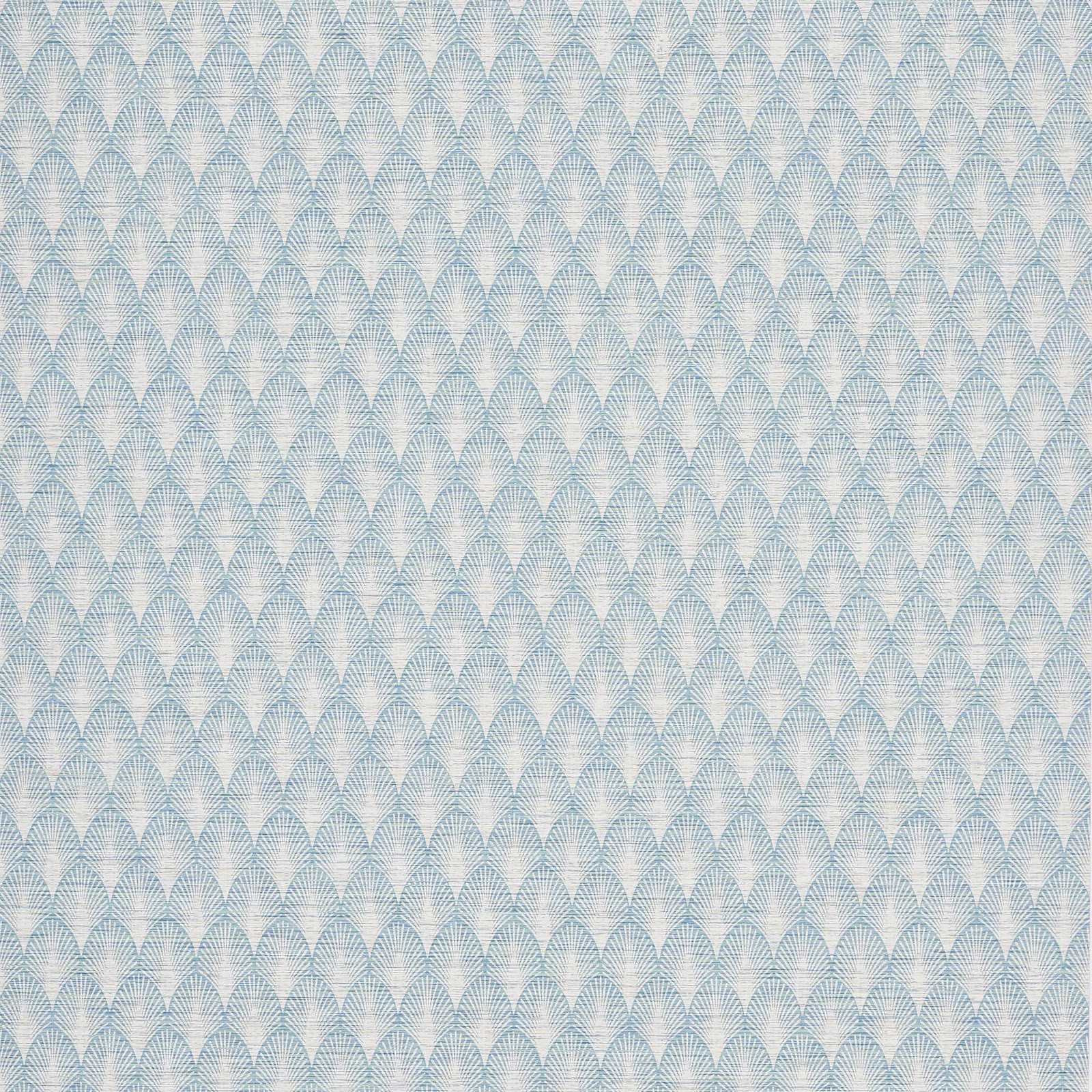 Pale blue wallpaper with tightly repeated white fan arches and fine linear detail